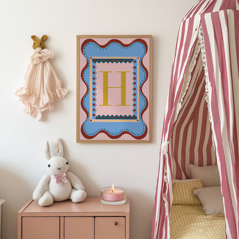 Wavy Border Wall Art | Personalised Letter Print | A5 A4 A3 | Nursery Decor