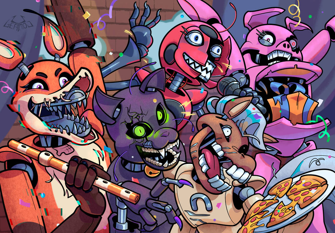 Animatronic Pizza Party – Colorful Cartoon Horror Digital Art Download